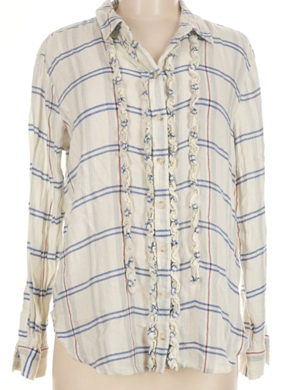 Pilcro Plaid Ruffle-Trim Soft Flannel Blouse Size M | Ivory, Blue & Red